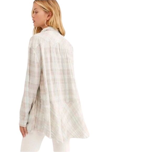 Free People we the free Lela green Plaid Buttondown Metallic Tunic size large - Picture 2 of 8